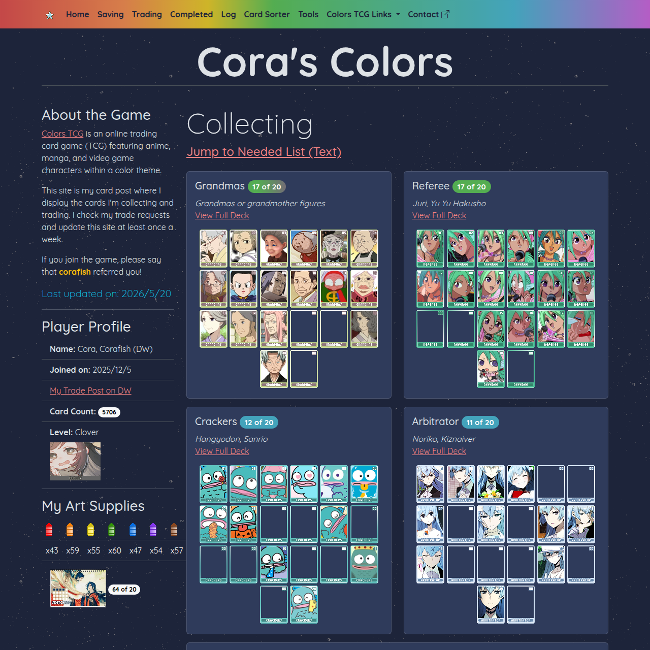 screenshot of colors tcg site